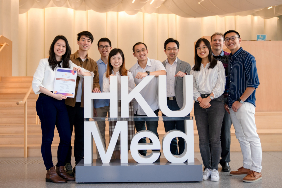 HKUMed team photo. (From left to right) Dr Mei Li Khong (team leader), Mr Justin Ng Ka Yu, Mr Clement Ho Ka Chun, Miss Odelle Wong Kar Yiu, Mr Fok Jing Chen, Dr Peter Lau, Miss Monica Lee Ka Ching, Professor Julian Tanner and Mr Winson Chan Hei Man